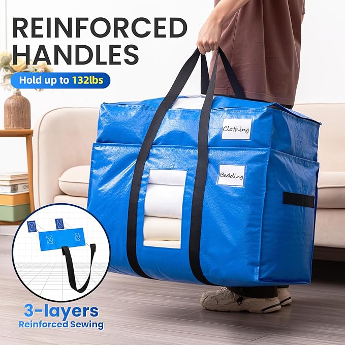TAILI 2 Tier Extra Large Moving Bags, 4 Pack Blue Heavy Duty Totes For Storage with Visible Window, Wrap Around Handles, Storage Bags for Space Saving, Alternative to Moving Boxes