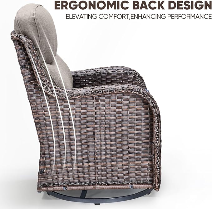 Swivel Patio Chairs sofa Set of 5 with 6" Thick Cushion - Wicker Outdoor Swivel Rocker Patio Chair ,Sofa/Glass coffee table, High Back Comfortable Outdoor Glider Chairs - Brown Wicker Grey Cushions