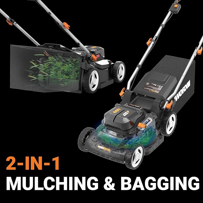 WORX 40V 17'' Cordless Lawn Mower for Medium Size Yards, 2-in-1 Electric Mower Cuts to Edge, Compact & Lightweight Push Lawn Mower with 6-Position Height Adjustment – 2 Batteries & Charger Included