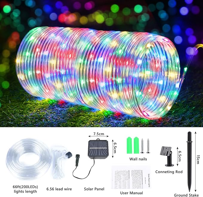 Solar Rope Lights, 2 Packs 66ft 200LED Solar String Lights, 8 Modes Waterproof Solar Powered Outdoor Light, Flexible Clear Tube Light for Garden Backyard Patio Deck Pool Tree Decorations- Multicolor