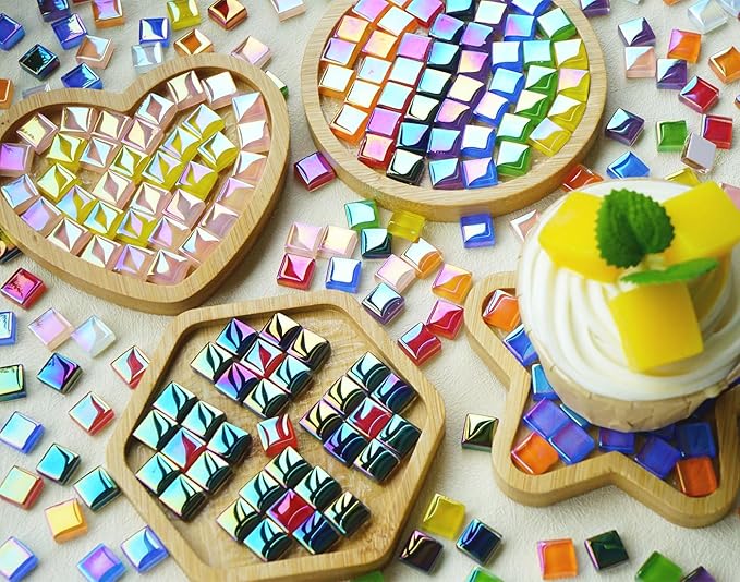 1100pcs Mixed Colors Iridescent Mosaic Tiles, 2.2lbs Crystal Glass Tiles, 3/8" Square Mosaic Tiles with Smooth Edges, 1KG Small Stained Glass Pieces Great for DIY Mosaic Crafts, Home Decor