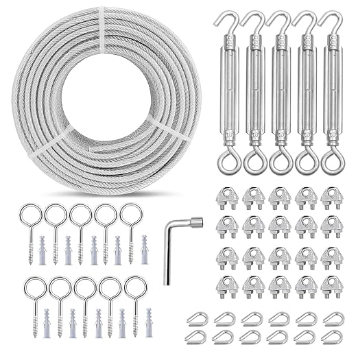 M6 Turnbuckles for Cables Wire Kit, 1/8" PVC Coated Steel Cable Kit w/ 7×7 Strand Core & 100Ft Wire Rope Tensioner Strainer for String Light Hanging/Deck Stair Railings/Shade Sail/Clothes Line