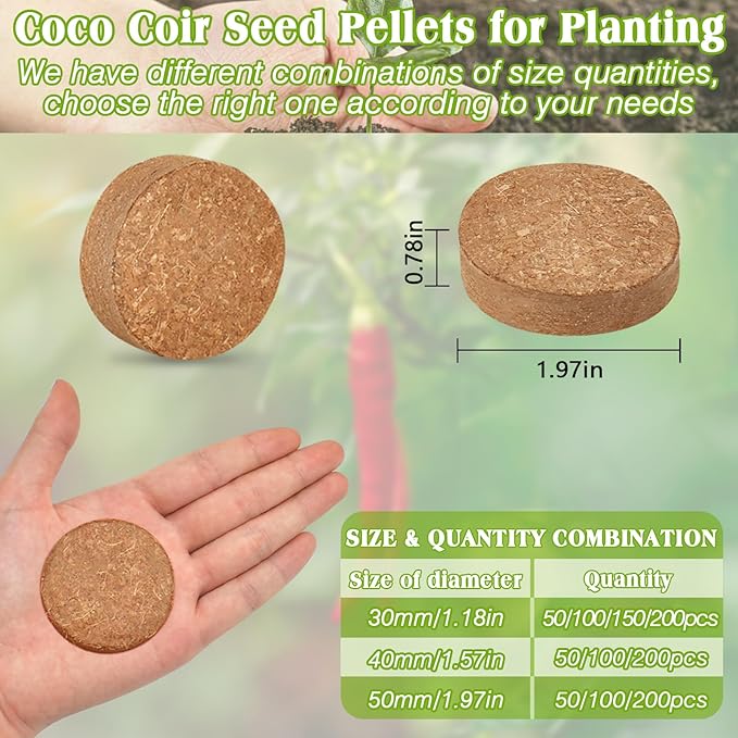 ZeeDix 50pcs 50mm Coco Coir Pellets, Compressed Soil Pellets Coconut Coir Seed Starter Discs Seed Starting Pellets Discs Potting Soil for Outdoor Plants Flowers Bonsai Herbs and Vegetables