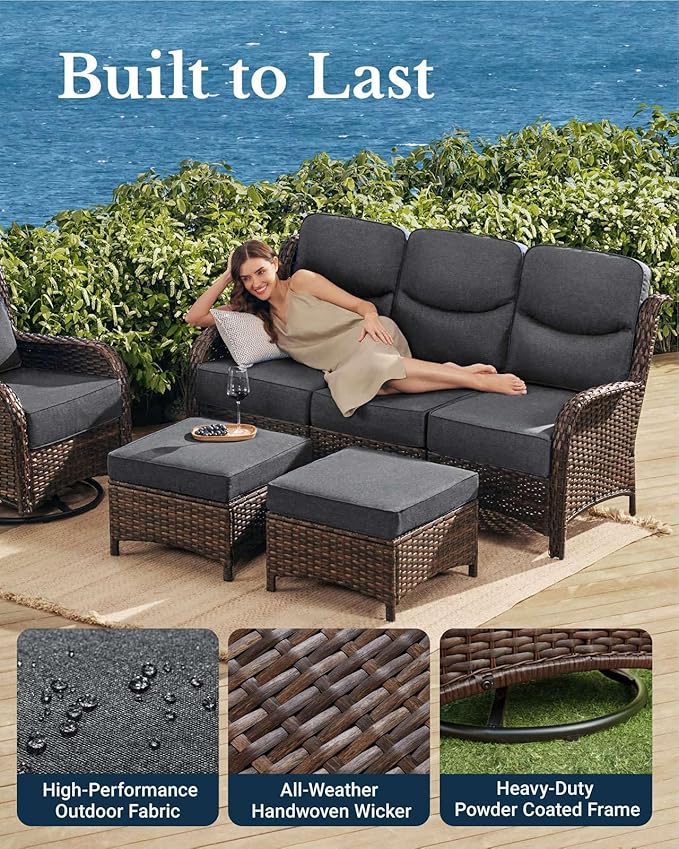 HILLGA Luxury Patio Furniture Set with 6-inch Thick Cushion, Outdoor Couch and High Back Swivel Rocker Patio Chairs, 7PCS Wicker Conversation Set for Deck Yard and Poolside, Dark Grey (V2)