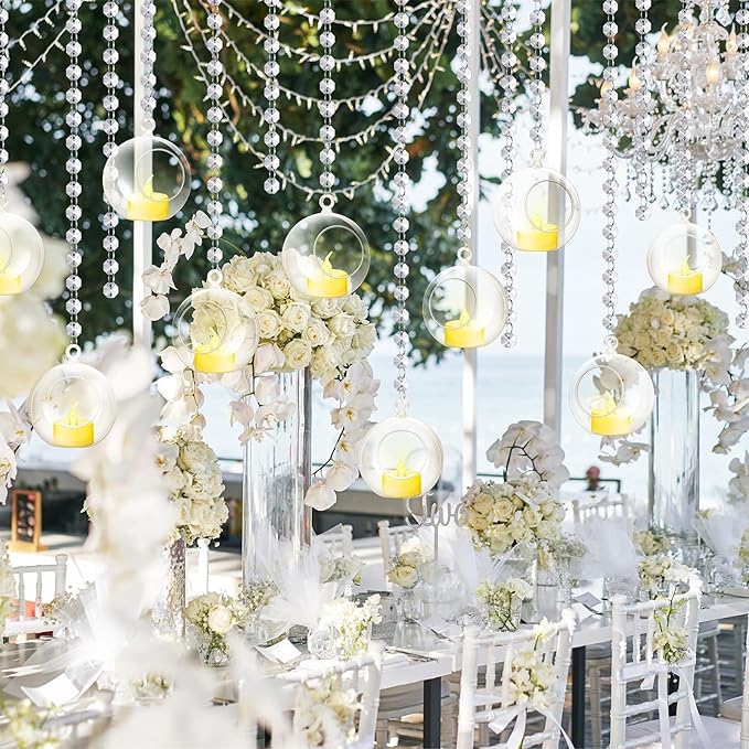 Booson 100 Pcs Hanging Candle Holder Glass Globes Orbs with Crystal Acrylic Gems Bead Garland Tea Lights Candles Holder for Wedding Party Tree Decor