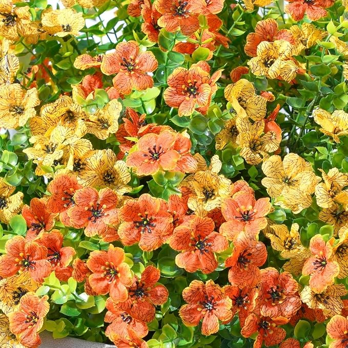 Artificial Fall Flowers Faux Mums for Outdoor Indoor Garden Home Decoration, Faux Flower Daisy with Eucalyptus Leaves Fake Mums Plants Greenery Boxwood Porch Patio, 12 Bundles (OrangeYellow)