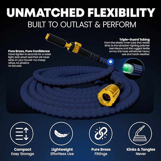 TITAN Flexible Garden Hose 10FT – Ultra Lightweight, Heavy Duty Water Hose with Brass Fittings & Jet Nozzle – Kink-Free, Non-Expanding, Durable Fabric Hose for Yard, Lawn, Car Wash, Outdoor Use