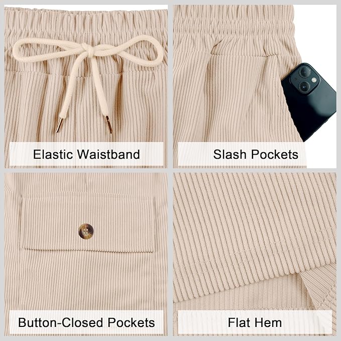 Mens Cargo Shorts Casual Drawstring Elastic Waist Corduroy Summer Beach Shorts with Pockets