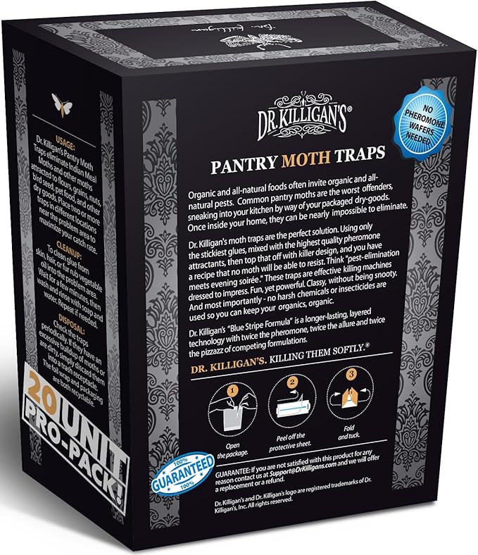 Dr. Killigan's Premium Double Potent Pantry Moth Traps with Pheromones Prime, Sticky Indian Meal Moth Traps for Kitchen, How to Get Rid of Moths in House (20 Pack, Black)