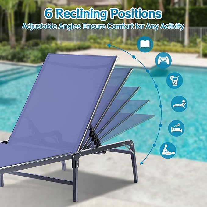 Outdoor Chaise Lounge Chair, Foldable & Assemble-Free, 6 Adjustable Positions, Durable Rust-Resistant Frame, Portable Outdoor Pool Lounge Chairs for Pool Patio Beach, Blue