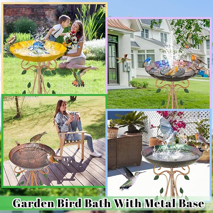 Vintage Metal Bird Bath for Outside, 13" Dia Birdbaths Bowl with Cast Iron Pedestal, Large Antique Bird Feeder with Folding Bracket for Outdoors Garden Patio Yard Decor (Retro Yellow)