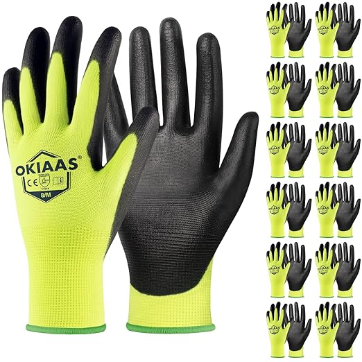 OKIAAS Work Gloves for Men, Ultra Thin and Lightweight with Grip, 12 Pairs Bulk Pack Construction Gloves with Polyurethane Coating, Safety Gloves for Light Duty Work (Green, Medium)