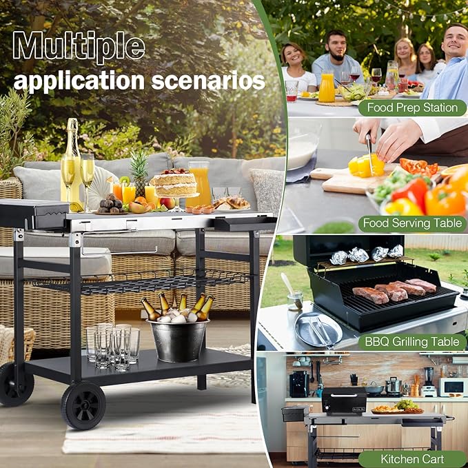 Outdoor Grill Cart, 500lb Dining Cart Table with Three-Shelf, Stainless Steel Rolling Movable Food Prep and Work Table