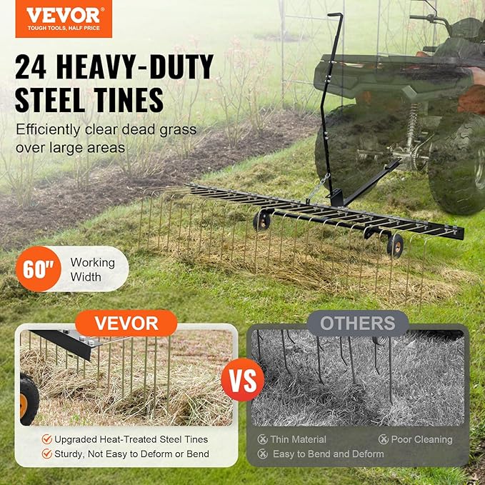 VEVOR Tow Behind Dethatcher, 60-inch Tow Dethatcher with 24 Steel Tines, Lawn Dethatcher Rake for ATV or Mower, Tow Behind Lawn Rake with Lift Handle for Leaves, Pine Needles, and Grass