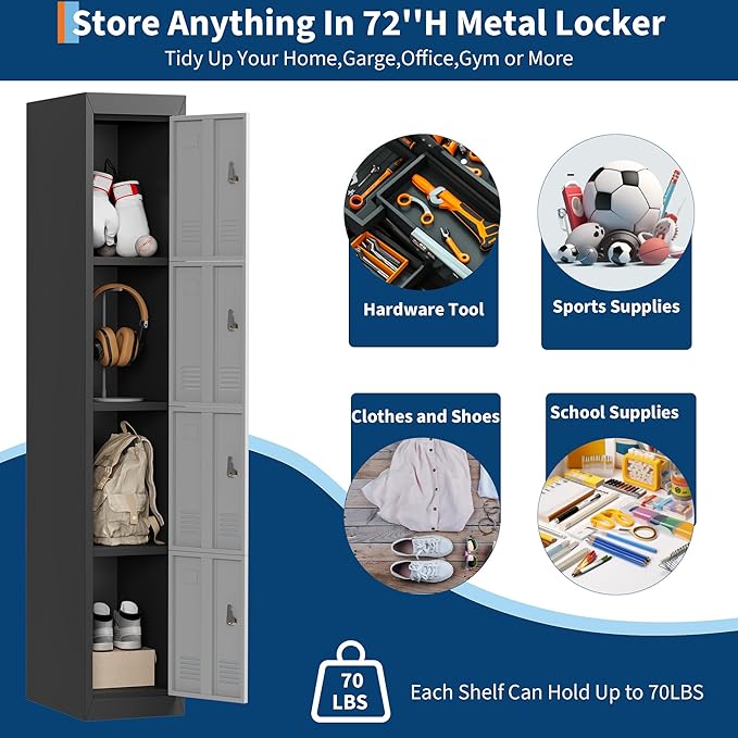 4 Doors Tall Single Metal Locker, Metal Lockers for Employees with Keys, 72” Black Employee Storage Cabinet with Doors, Steel Storage Cabinets Lockable for School, Gym, Home, Office, Mudroom, Black