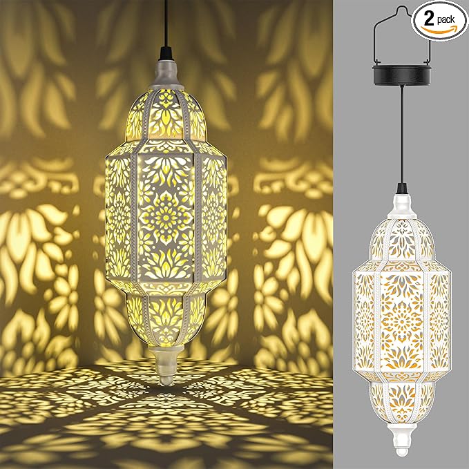 Twinkya 2 Pack Hanging Solar Lights Outdoor Garden Decorative Solar Lantern Waterproof Metal Moroccan Outdoor Decorations for Patio Pathway Yard Porch Backyard Garden Decor (White, 2 Pack)