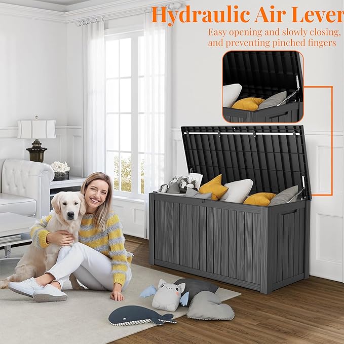 150 Gallon Deck Box,Resin Outdoor Storage Box with Lockable for Patio Furniture, Pool Accessories, Garden Tools Waterproof Outside Storage Box, Black