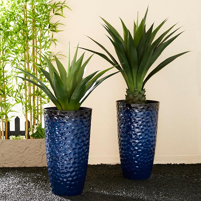 Glitzhome 23.75" H Oversized Tall Planter,Modern Set of 2 Honeycomb Textured Gradient Cobalt Blue Round Garden Plant Pots with Drainage Holes Flower Containers for Indoor Outdoor,Front Porch,Patio