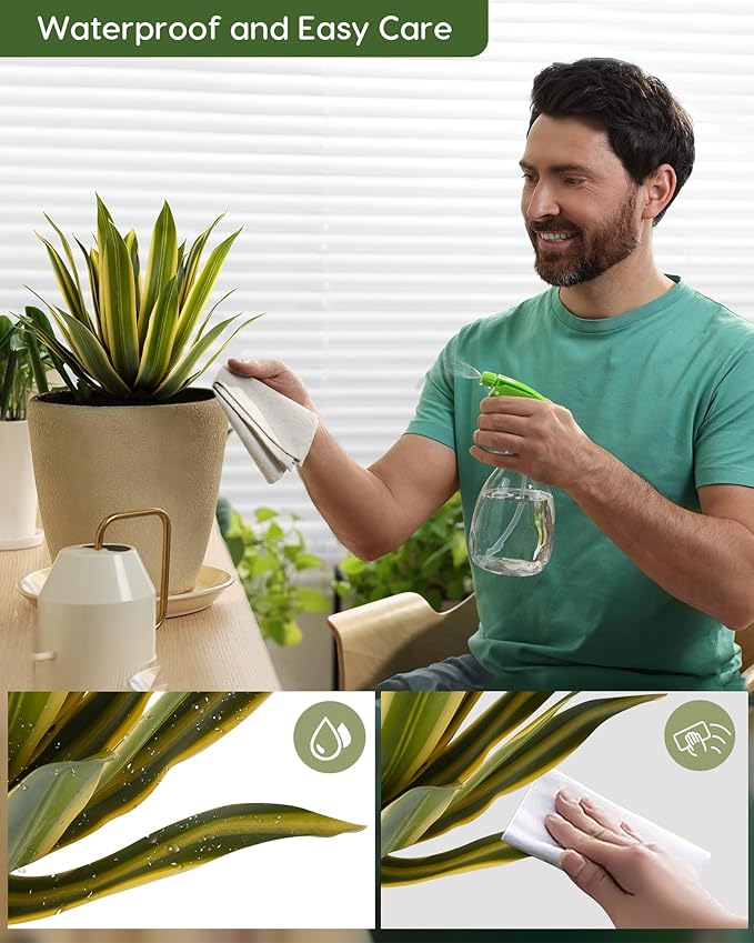 Velener Artificial Outdoor Agave Plants, Golden Outdoor Faux Plants with Broad Sword-Shaped Leaves, Small Size UV Resistant Fake Agave Plants for Indoor and Outdoor Decor(14 Inch)-2 Pack