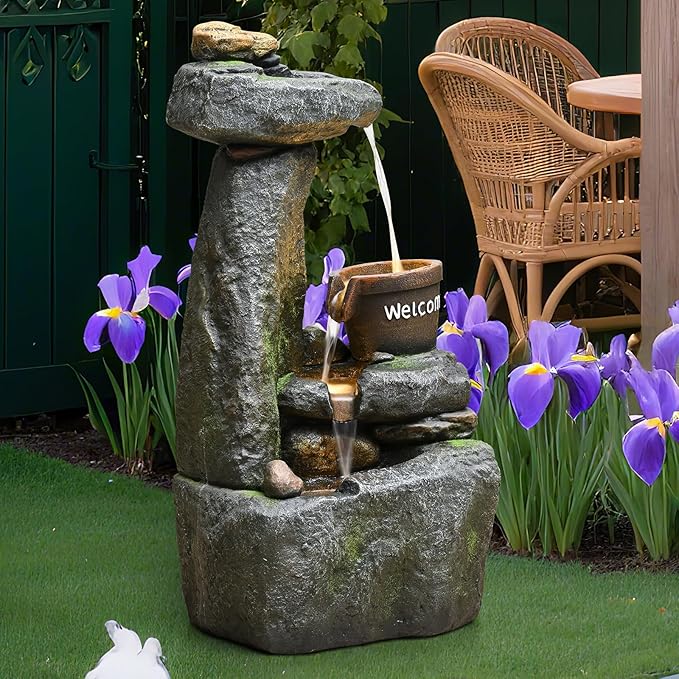 33" Outdoor Garden Water Fountain with Lights 4 Tiers Cascading Large Waterfall Floor Standing Fountain for Patio, Backyard, Deck, Porch and Home Art Decor