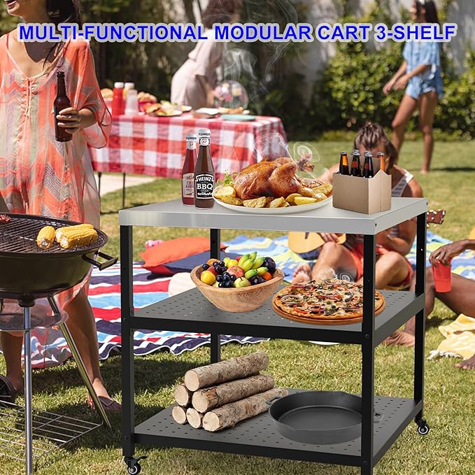 31.5” Pizza Oven Table for ooni Ninja Gozney Aidpiza BIG HORN, Modular Grill Cart for Blackstone Cuisinart Weber Char-Broil Royal Gourmet Pit Boss GasOne Griddle, Movable Food Prep Workcart Stand