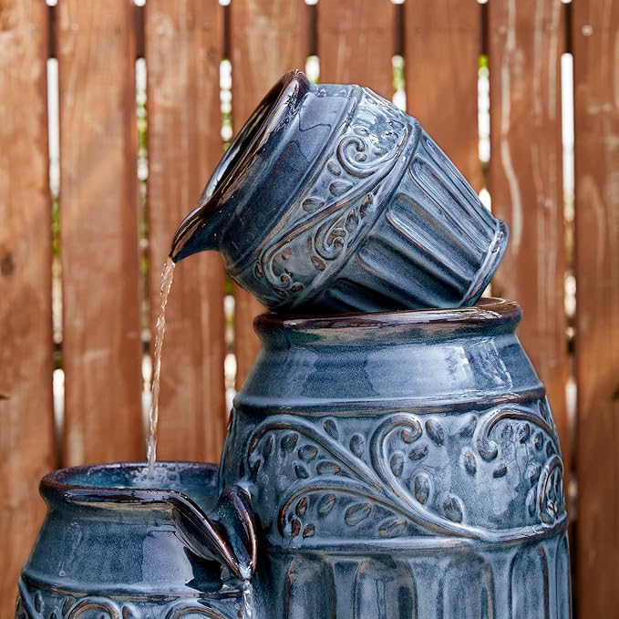 Glitzhome 35.5" H Oversized Outdoor Water Fountain with LED Lights and Pump, 4 Tier Turquoise Embossed Pattern Ceramic Pots Fountains, Cascading Standing Fountain for Porch Deck Garden Patio Backyard