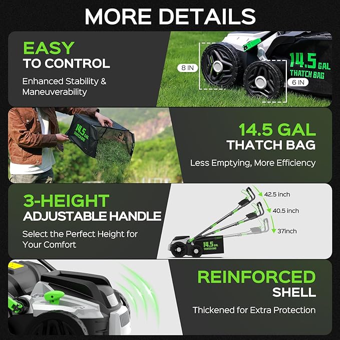 16-Inch 15.5 Amp 2-in-1 Electric Dethatcher and Scarifier with 14.5-Gallon Removable Thatch Collection Bag, Lawn Dethatcher with 5-Position Depth Adjustment, Quick-Fold, Keeps Lawn Healthy