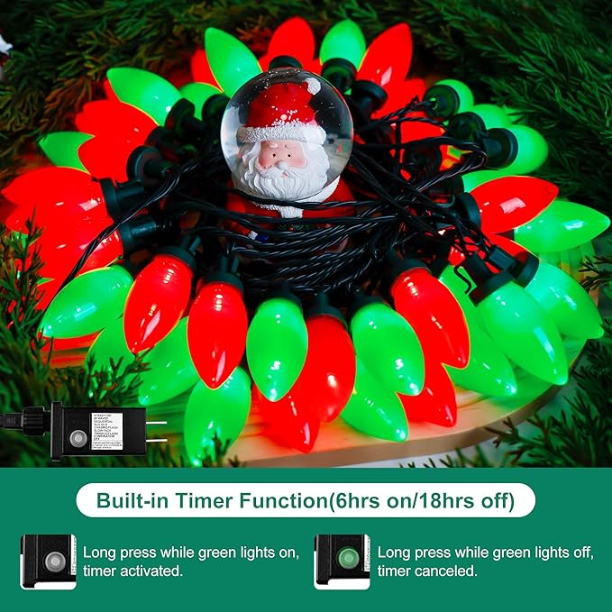 C9 Bulbs Classic Christmas Lights - 50 LED 32ft Strawberry String Light Red&Green - Extendable 8 Modes Funtion with Timer Fairy Lighting for Outdoor, Indoor, Party, Home, Tree Decorations