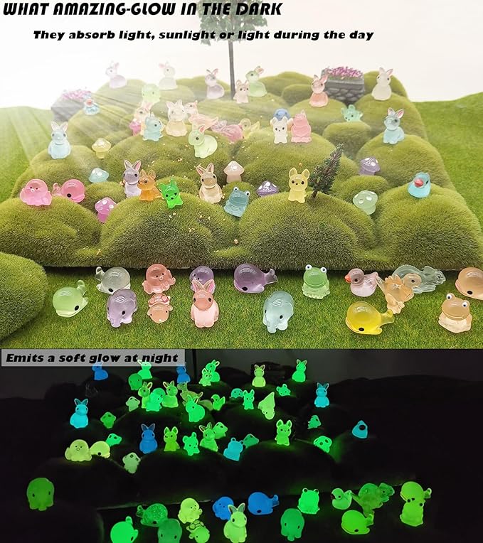 150pcs Mini Resin Animals Figures to Hide Luminous Tiny Animals Ducks Dinosaurs Flamingos Miniature Figurines Glow in the Dark for Fairy Garden Dollhouse Landscape Aquarium Potted Party Favor Decor