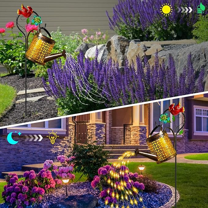 Solar Lights Outdoor, Watering Can with Cascading Lights, Watering Can with Hook Solar Lantern, Gardening Decor for Yard Patio, Gardening Gifts for Mom Grandma Women (2 Pack)