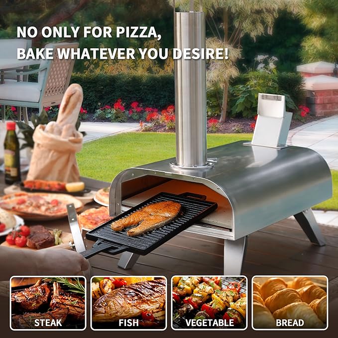 BIG HORN OUTDOORS 12" Multi-Fuel Pizza Oven, Portable Outdoor Pizza Oven, Wood Fired & Propane Gas, Pellet Pizza Maker with Pizza Stone