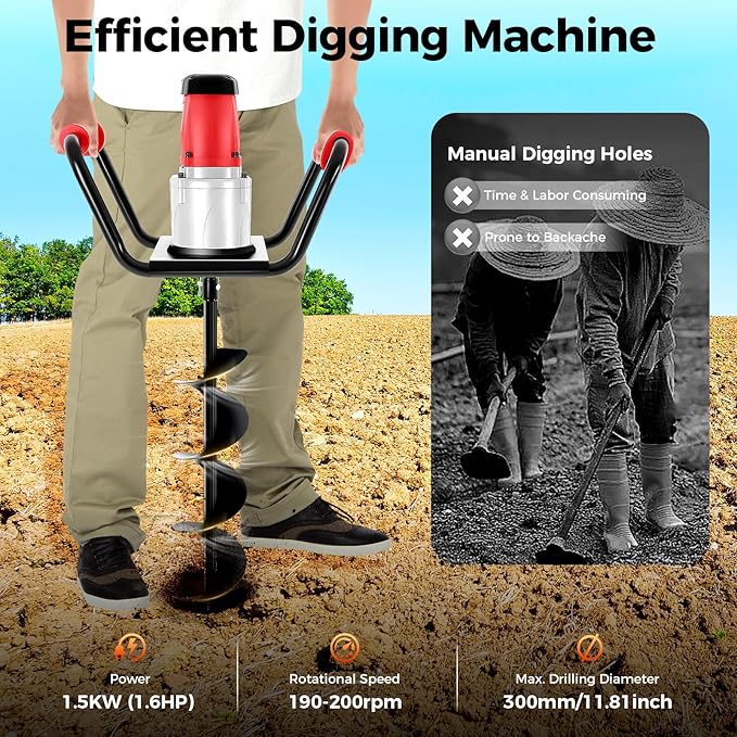 Post Hole Digger, 1500W Electric Post Hole Auger Earth Auger Digging Dril Digging Machine with 6" Digging Auger Bit and Extension Bar Set for Planting, Trenching in Garden (1500W,1x6" Drill)