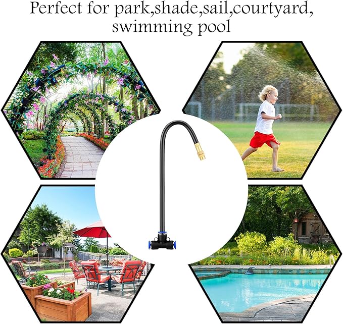 Zonon 10 Pcs Brass Misting Nozzles Tee with 16 Inch Built in Hose 360 Degree Rotation Adjustable Water Mister Nozzles Thread Sprayer 0.043" Misting Parts and Accessories for Patio Outdoor Cooling