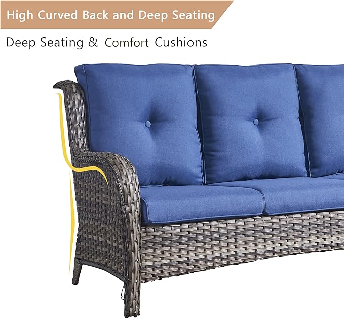 HUMMUH 7pcs Patio Furniture Set Swivel Rocker Patio Chairs,PE Wicker Outdoor Sofa Set of 2 with Coffee Table and Ottomans(Grey,Blue)