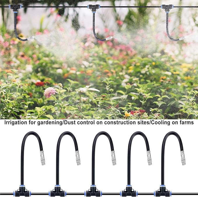 Mornajina 5Packs Brass Misting Nozzles Tee with 12inch Built in Hose for Outdoor Cooling System, Adjustable 360° Rotation, Water Mister Nozzles Thread Sprayer 0.043" (1.1 mm)