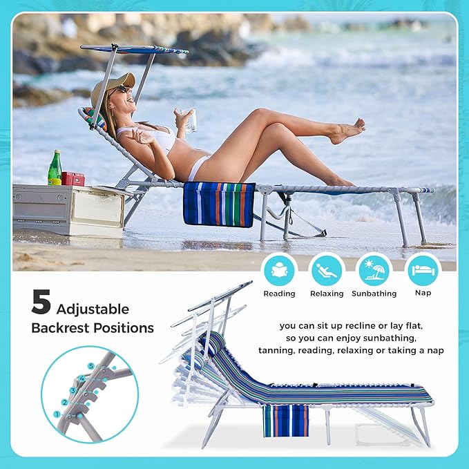 #WEJOY Folding Lounge Chair with Canopy Shade, Portable Adjustable 5-Position Patio Chaise Lounger with Pillow & Storage Pocket for Lay Flat Outdoor Lawn Backyard Beach Camping Pool Tanning