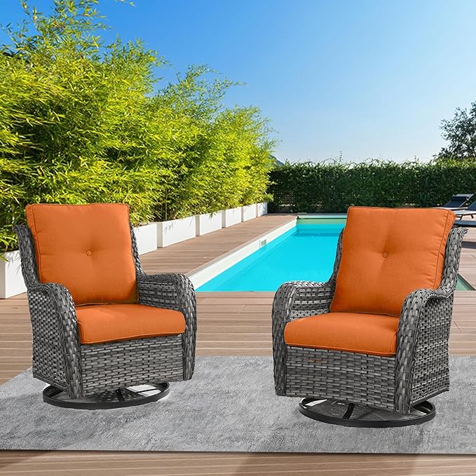 Outdoor Swivel Rcoker Wicker Chairs - Swivel Patio Chairs Set of 2 Patio Furniture Sets with Covered Cushion for Porch Deck Balcony Backyard, Orange Cushion