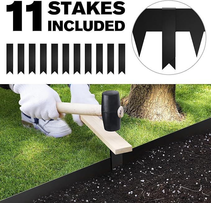 KOL Galvanized Steel Flexible Garden Lawn Edging, 10-Pack Black Metal Landscape Edging Strips - Heavy Duty Hammer-in Border with 11 Clips - 16-Gauge - 40" L x 4.5" H (33FT Total Length)
