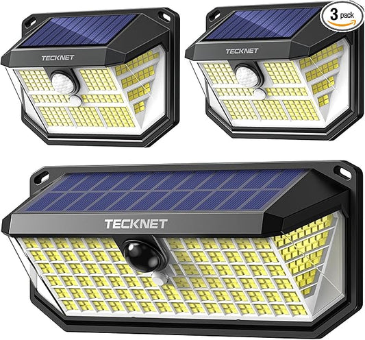 TECKNET Super Bright Solar Lights Outdoor 3 Pack, 2×231 LED and 1×416 LED, 300° Angle & 3 Lighting Modes Motion Sensor Outdoor Lights, Waterproof for for Fence Front Door Yard Deck Garden Garage