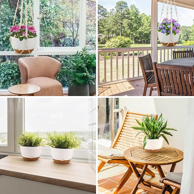 10 Inch Hanging Planter, 2 Pack Hanging Plant Self Watering Pot with Drainage Holes and Saucers, Hanging Baskets Flower Pots with Macrame Rope Hangers for Garden Home -White