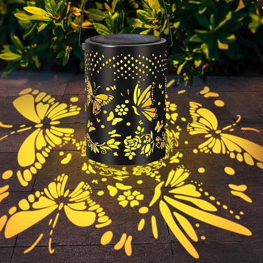 Solar Lantern Butterfly Outdoor Waterproof,Two Lighting Modes Garden Decor Christmas Gifts for Women Mom Grandma Hanging Solar Lights Metal Decor for Outside,Backyard,Patio