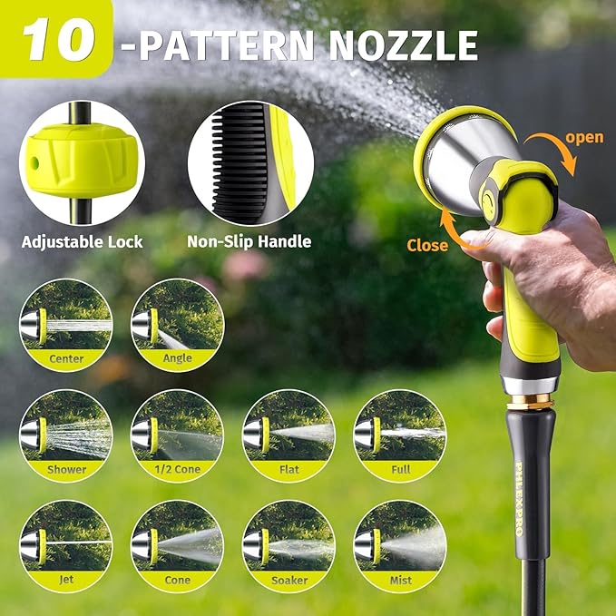 Retractable Garden Hose Reel 105FT, 1/2 inch Wall Mounted Hose Reel with Full Brass Fittings, 10 Patterns Spray Nozzle, Any Length Lock, 180° Automatic Rewind