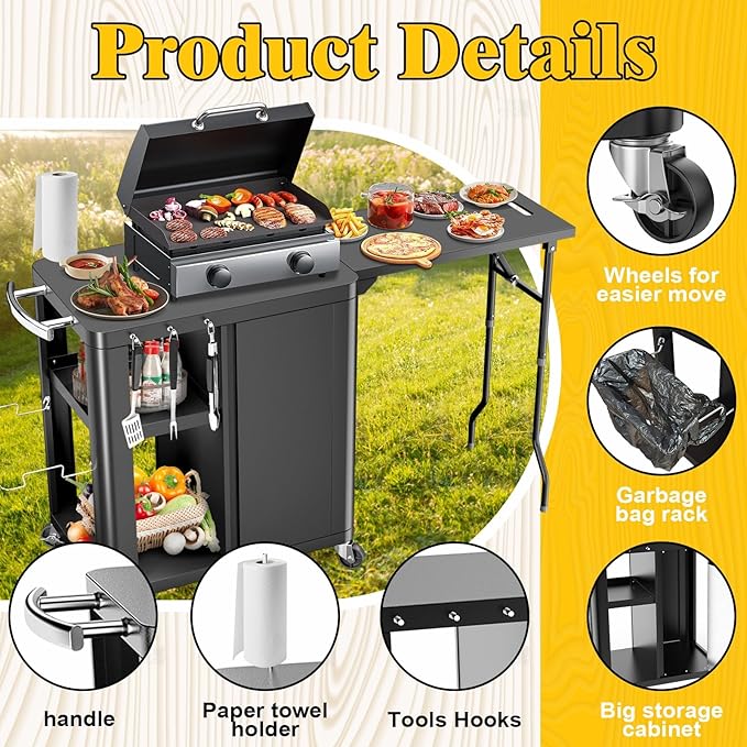 Outdoor Grill Table Cart 57"x24"x35", Outdoor Kitchen Island with Storage & Large Tabletop for Blackstone Griddle, Ooni Pizza Oven, Ninja Woodfire Grill, BBQ Station, Dining Cart, Rolling BBQ Table
