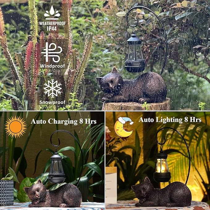 Solar Garden Statue Cat Figurine with Solar Light- Cat Statues Garden Art with Solar Lantern, Loving Cat for Patio,Balcony,Yard, Lawn, Porch-Unique Housewarming Gift for Garden Mom Grandma