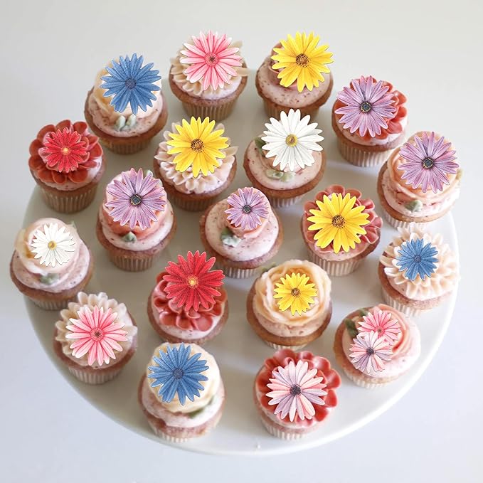 65 PCS Edible Daisy Cupcake Toppers Wafer Paper Flower Birthday Party Decorations Edible Sunflower Cupcake Picks for Baby Shower Wedding Birthday Party Cake Food Decorations Supplies Colorful