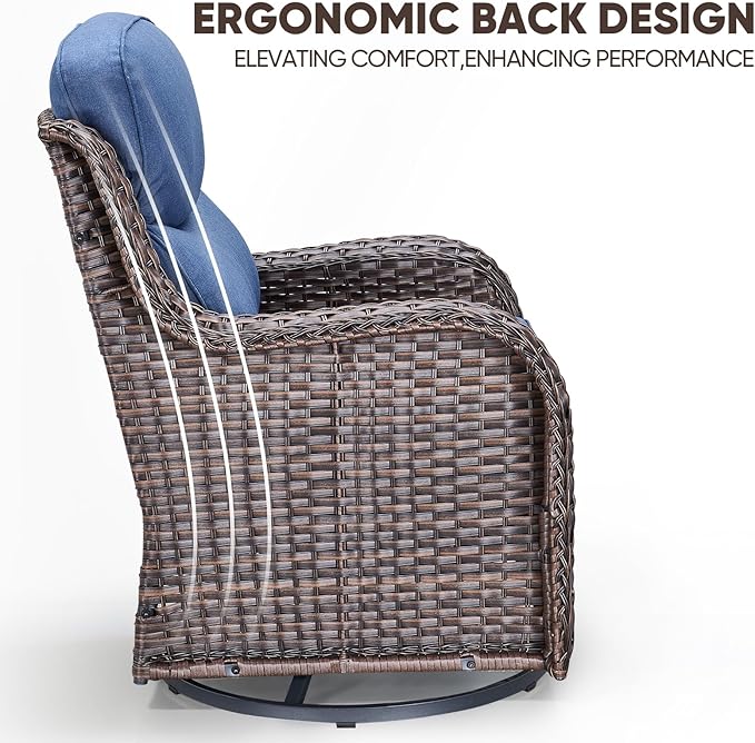 Swivel Patio Chairs sofa Set of 5 with 6" Thick Cushion - Wicker Outdoor Swivel Rocker Patio Chair ,Sofa/Glass coffee table, High Back Comfortable Outdoor Glider Chairs - Brown Wicker | Blue Cushions