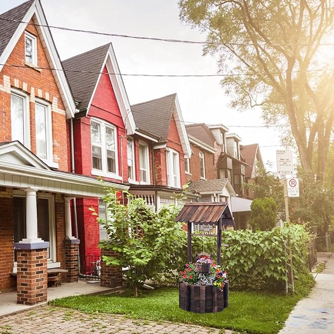 Wooden Wishing Wells for Outdoors with Hanging Bucket, Wishing Well Planters Rustic Style Patio Garden Ornamental, Brown