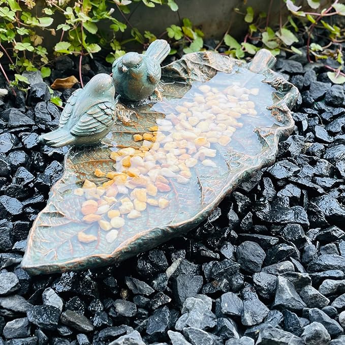 Outdoor Garden Bird Bath Sculpture, Polyresin on Leaf Bird Feeder, Garden Patio Deck Ground Gifts for The Family
