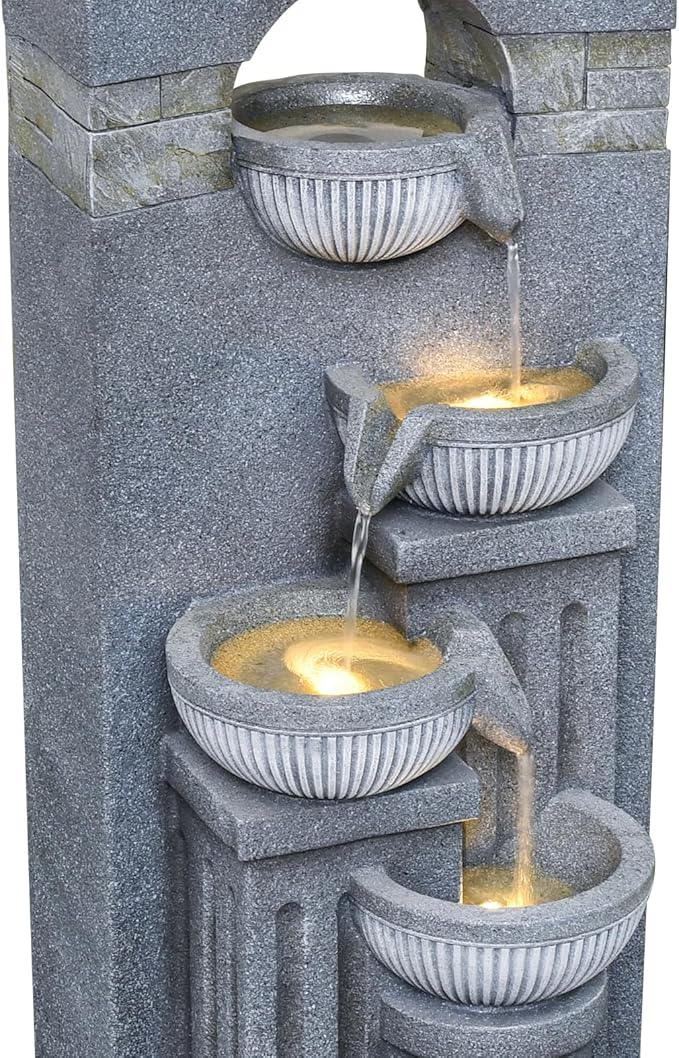 42.52" Outdoor Garden Water Fountain with Lights Floor-Standing 4 Tiers Cascading Large Waterfall Fountain for Patio, Backyard, Deck, Porch and Home Art Decor