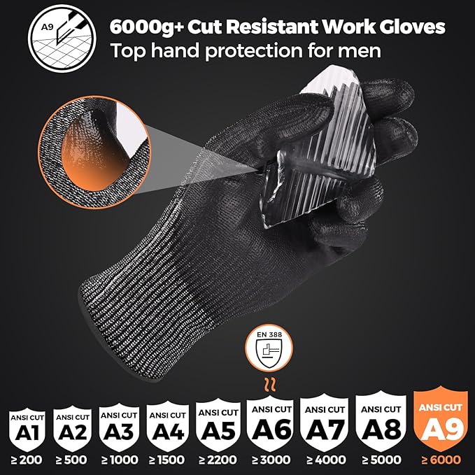 Donfri A9 Cut Resistant Work Gloves for Men - Steel + HPPE Hybrid Safety Gloves for Men, ANSI Cut Level 9 Protection Flexible for Metal Glass Wood Construction Fishing